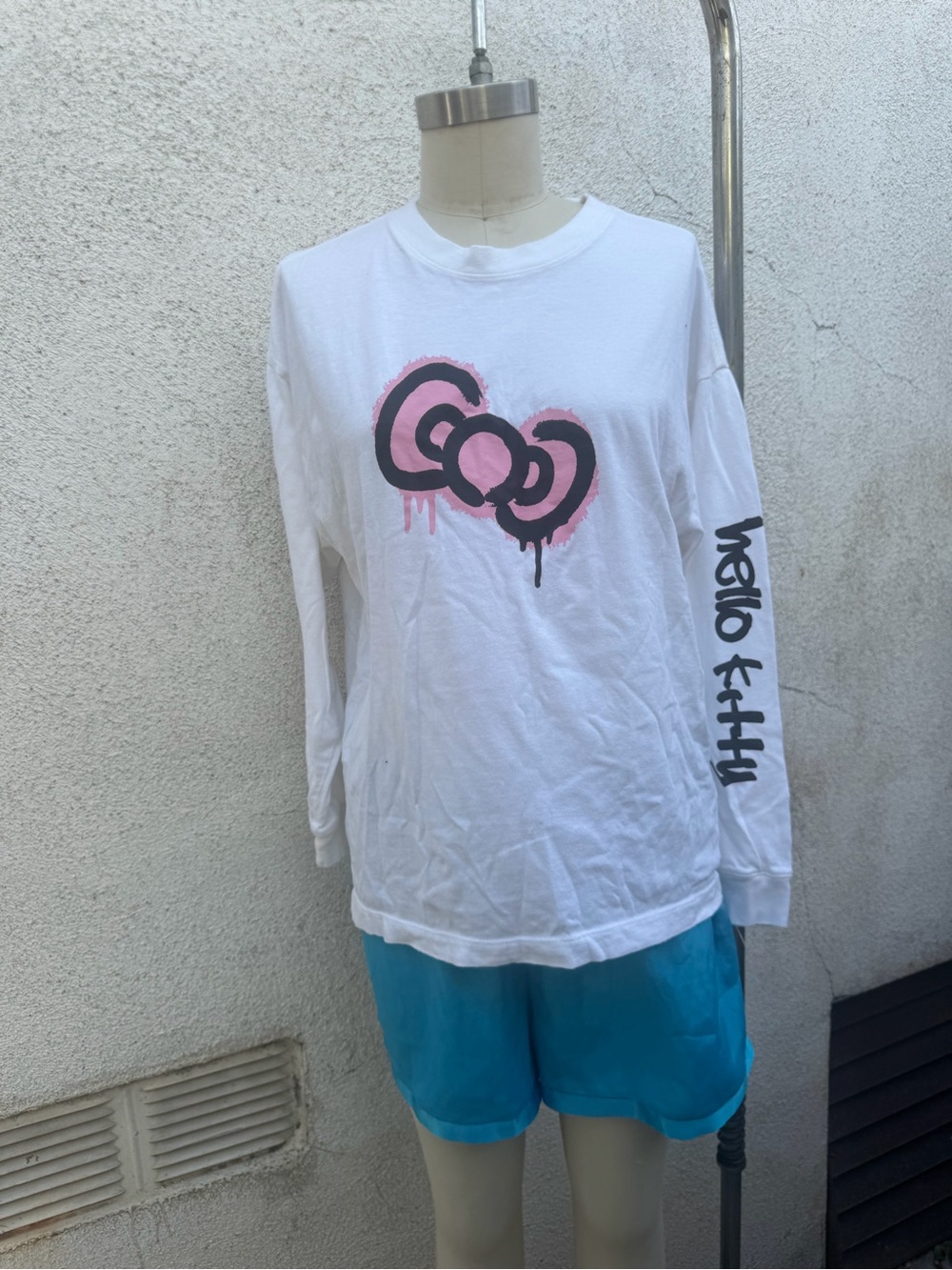 Hello Kitty White Long-Sleeve Tee with Pink & Black Drip Logo y2k
